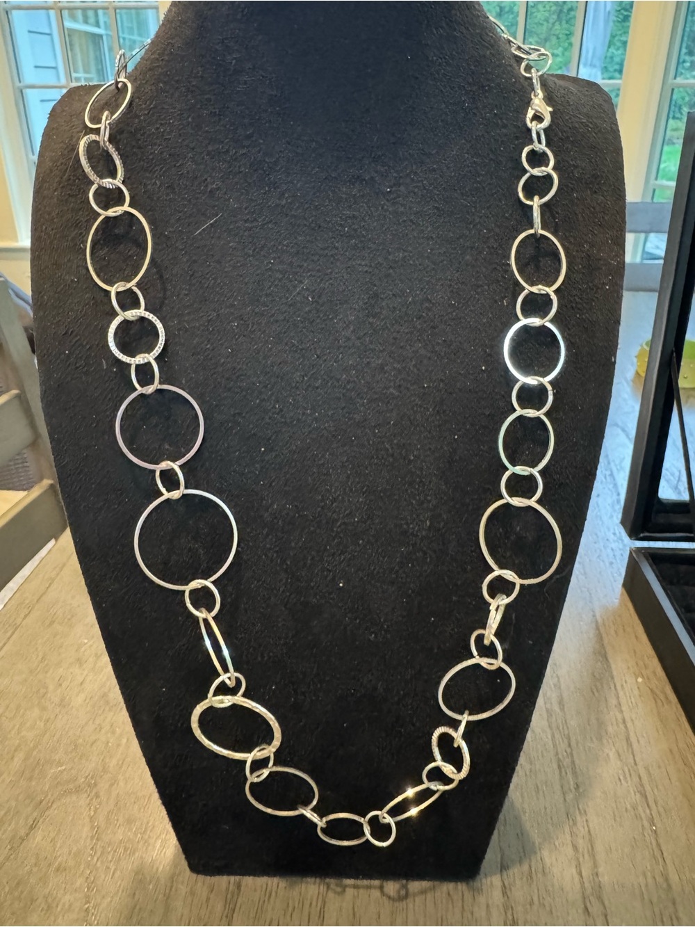Silver Tone Mixed Circle Link Long Necklace Hammered Statement Jewelry